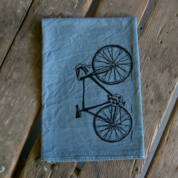 Hand dyed Bike Screen Printed Tea Towel, flour sack towel