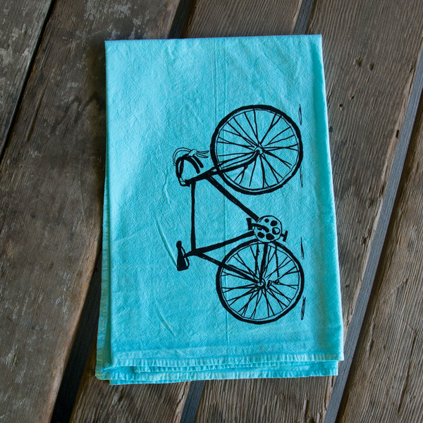 Hand dyed Bike Screen Printed Tea Towel, flour sack towel