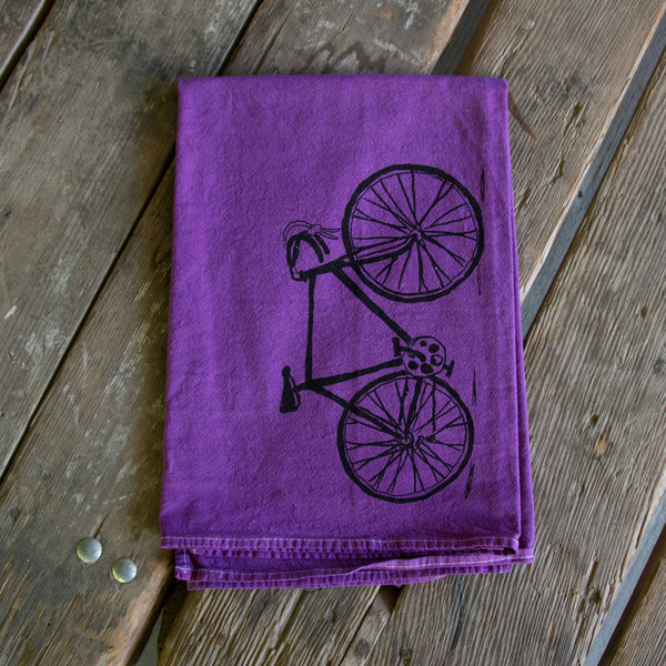 Hand dyed Bike Screen Printed Tea Towel, flour sack towel
