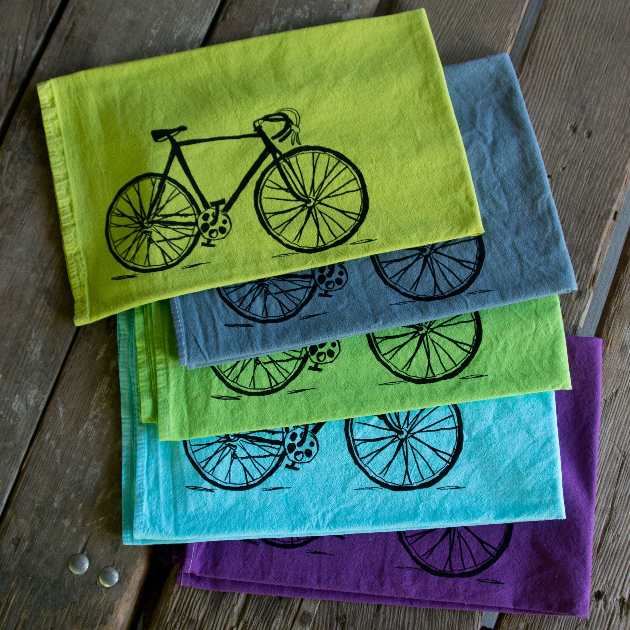 Hand dyed Bike Screen Printed Tea Towel, flour sack towel
