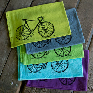 Hand dyed Bike Screen Printed Tea Towel, flour sack towel