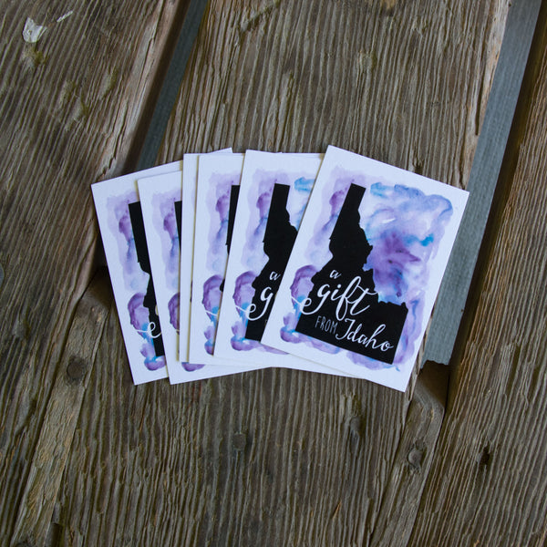 A Gift from Idaho 6-pack Tag, Watercolor. Teal, Purple Or Green in Color.