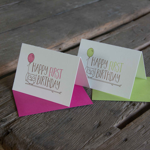 Happy First Birthday card, letterpress printed animals