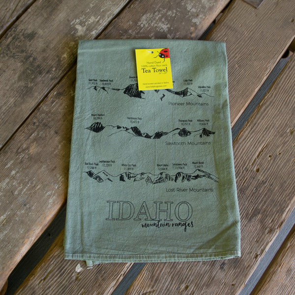 Hand dyed Idaho Mountain Ranges Screen Printed Tea Towel, flour sack towel