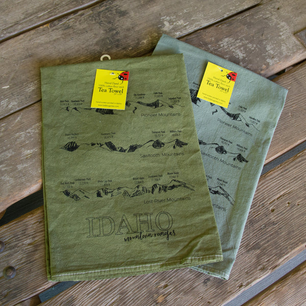 Hand dyed Idaho Mountain Ranges Screen Printed Tea Towel, flour sack towel