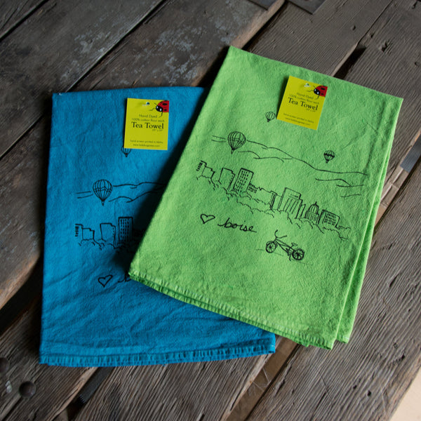 Hand-dyed Boise Balloon Screen Printed Tea Towel, flour sack towel