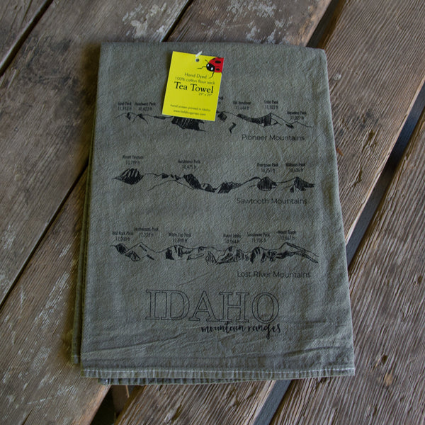 Hand dyed Idaho Mountain Ranges Screen Printed Tea Towel, flour sack towel