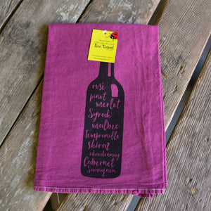 Hand dyed Wine Bottle Screen Printed tea towel, flour sack dish towel