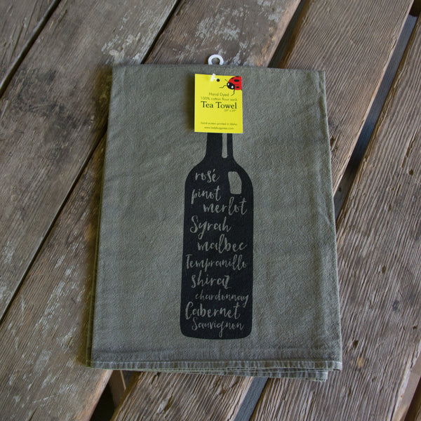 Hand dyed Wine Bottle Screen Printed tea towel, flour sack dish towel