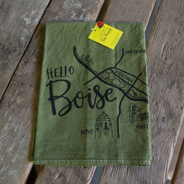 Hand-dyed Boise Map Screen Printed Tea Towel, flour sack towel