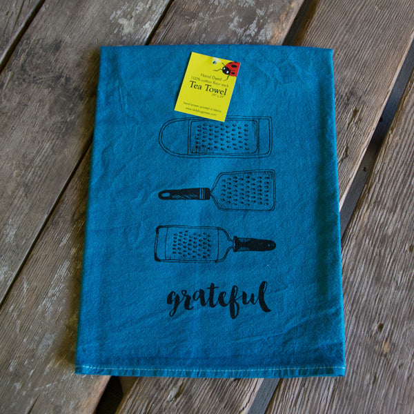 Dyed Grateful tea towel, flour sack dish towel