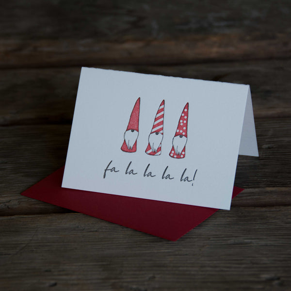 fa la la la gnomes, single card, letterpress printed, eco friendly