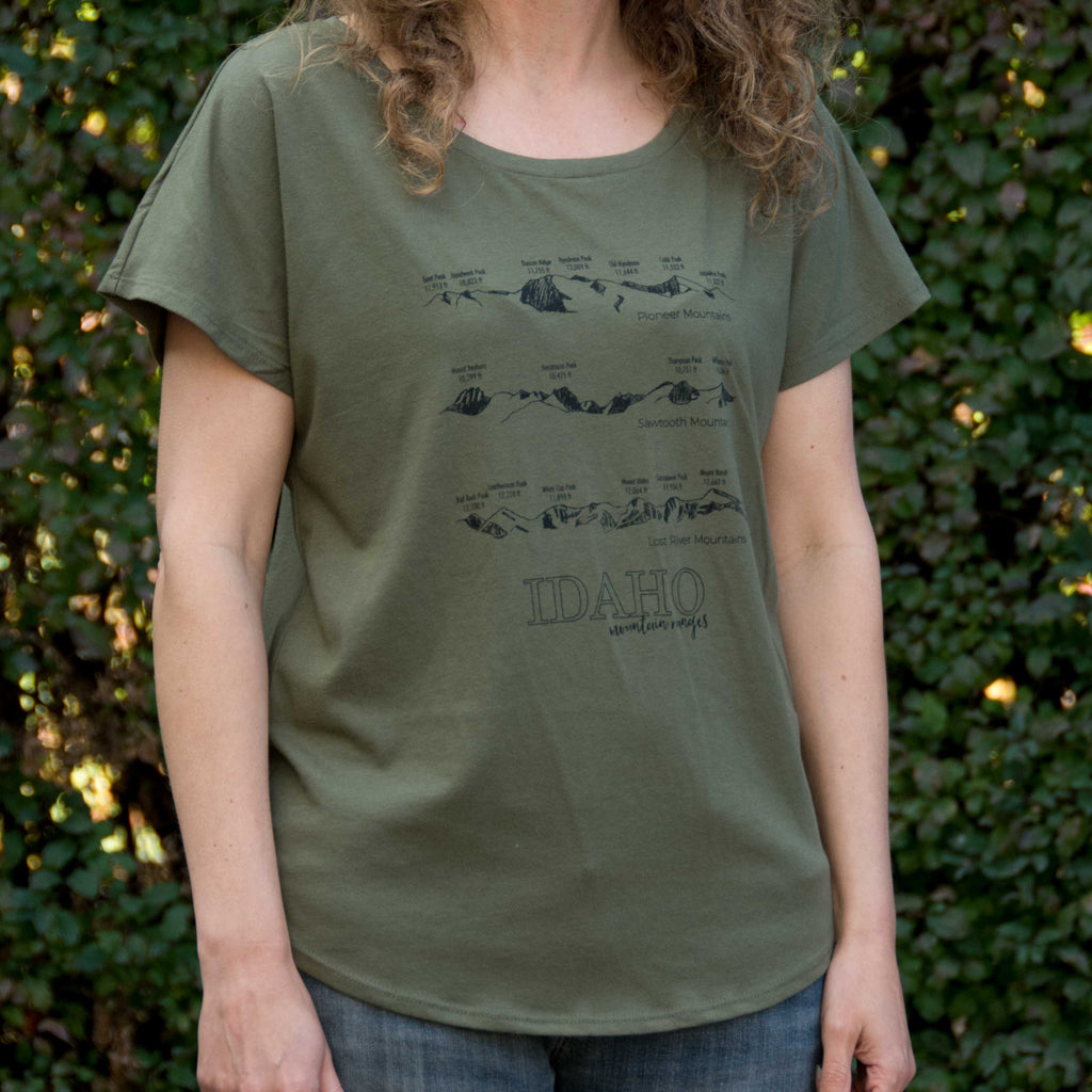 Idaho Mountain Ranges T-shirt, screen printed with eco-friendly waterbased  inks, adult sizes