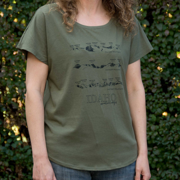 Idaho Mountain Ranges Women's Dolman T-shirt, screen printed with eco-friendly waterbased inks, adult sizes