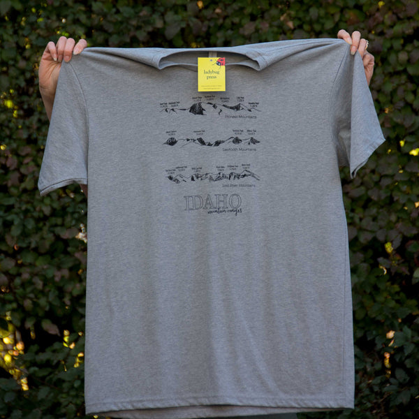 Idaho Mountain Ranges T-shirt, screen printed with eco-friendly waterbased inks, adult sizes