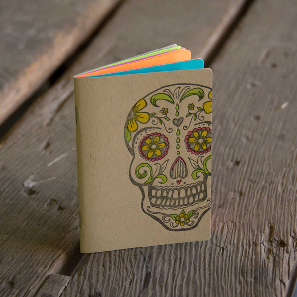 Sugar Skull Notebooks, hand drawn and staple bound, letterpress printed eco friendly blank journal