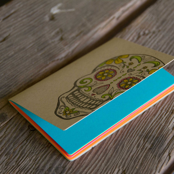 Sugar Skull Notebooks, hand drawn and staple bound, letterpress printed eco friendly blank journal