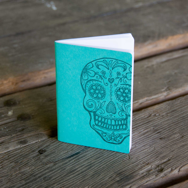 Sugar Skull Notebooks, hand drawn and staple bound, letterpress printed eco friendly blank journal