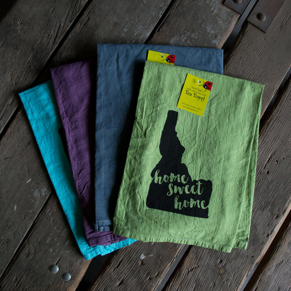 Dyed home sweet home Idaho Tea Towel, Hand drawn and Screen Printed flour sack towel