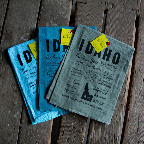 Dyed Idaho Facts Tea Towel, Hand drawn and Screen Printed flour sack towel