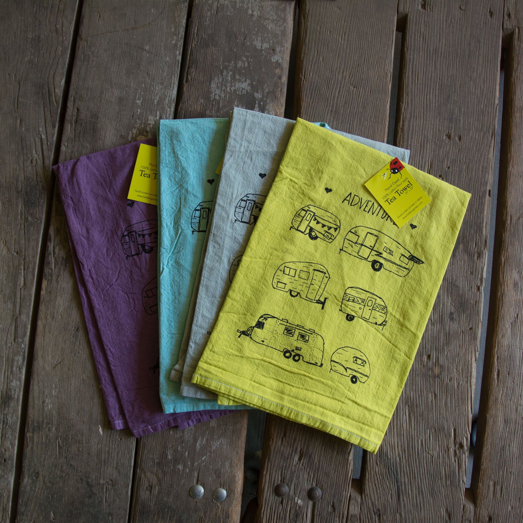 Dyed Vintage Campers Screen Printed Tea Towel, flour sack towel