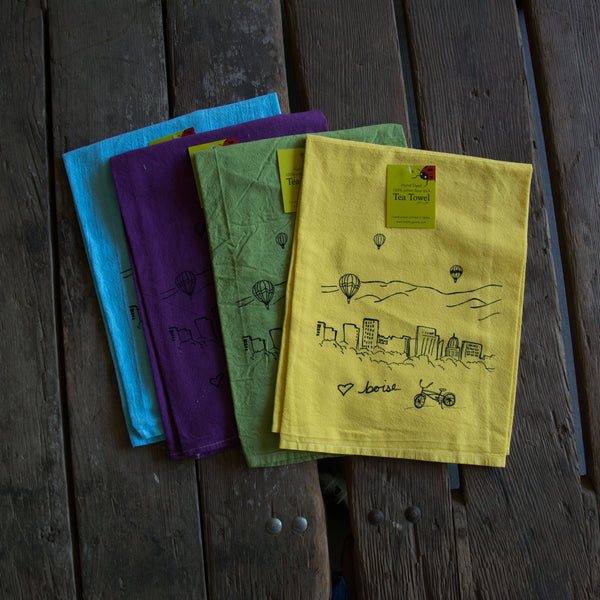 Hand-dyed Boise Balloon Screen Printed Tea Towel, flour sack towel