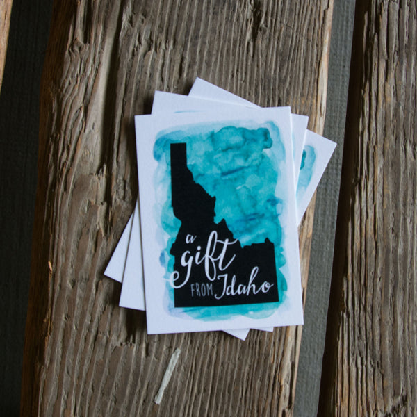 A Gift from Idaho 6-pack Tag, Watercolor. Teal, Purple Or Green in Color.