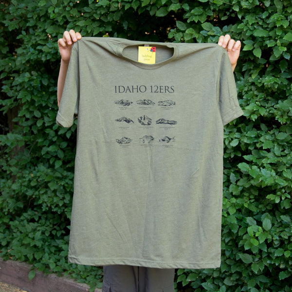 Men's Idaho 12ers Mountain Peaks T-shirt, screen printed with eco-friendly waterbased inks, men's sizes