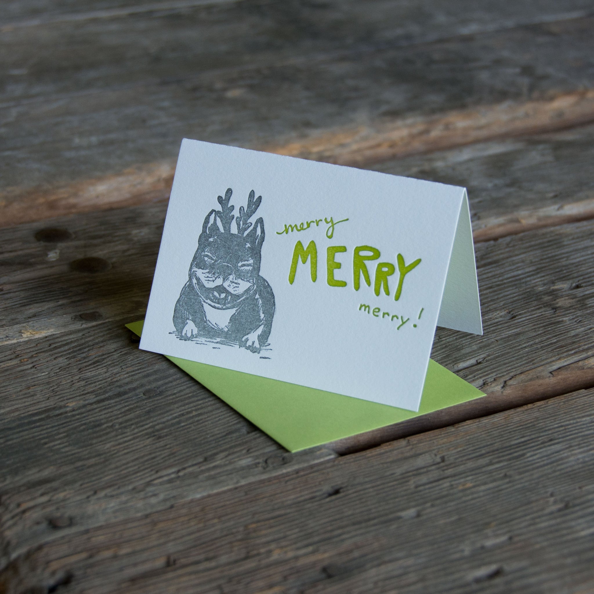 Merry merry merry dog, frenchie, french bull dog, letterpress printed eco friendly