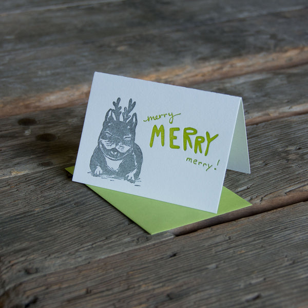 Merry merry merry dog, frenchie, french bull dog, letterpress printed eco friendly