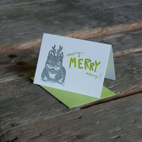 Merry merry merry dog, frenchie, french bull dog, letterpress printed eco friendly