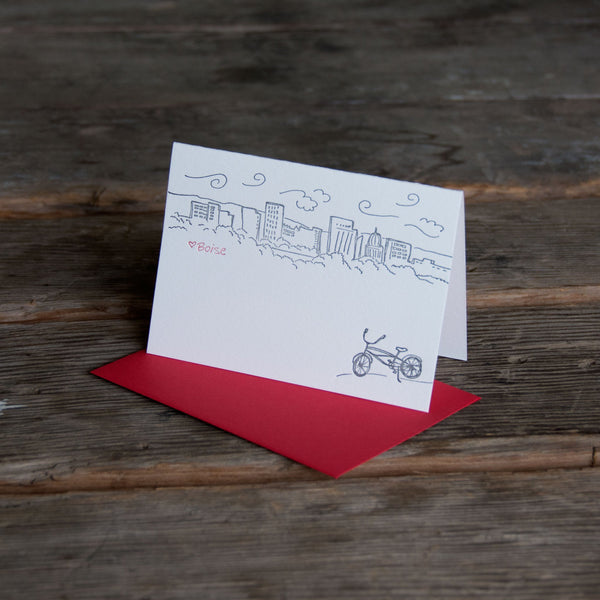 Boise Bike Skyline card, Heart BOISE letterpress printed Greeting card