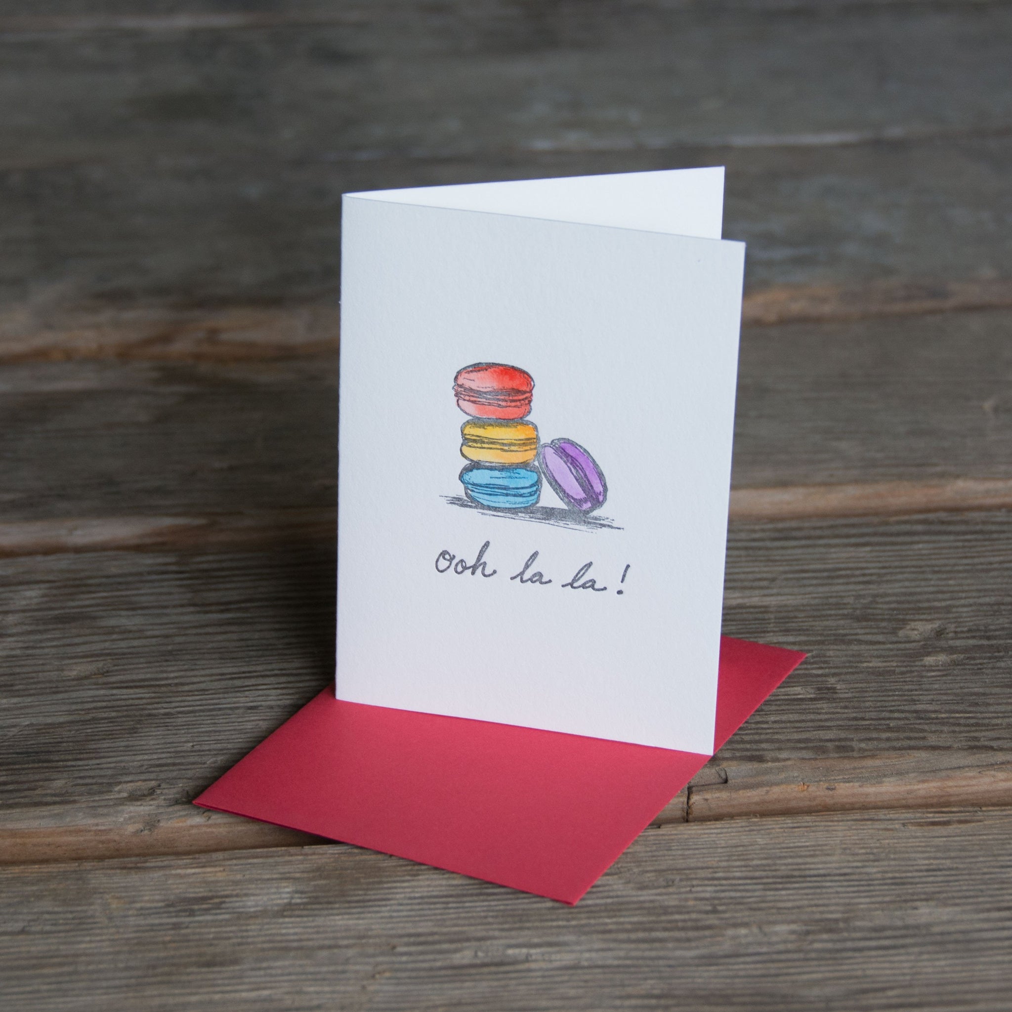 Ooh la la Macaron card, hand water colored, letterpress printed eco friendly