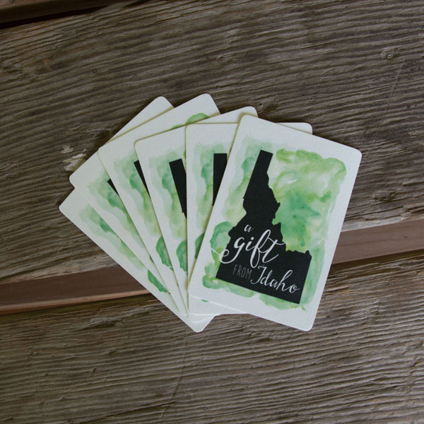 A Gift from Idaho 6-pack Tag, Watercolor. Teal, Purple Or Green in Color.