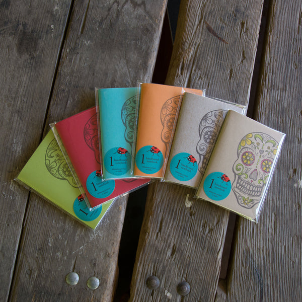 Sugar Skull Notebooks, hand drawn and staple bound, letterpress printed eco friendly blank journal