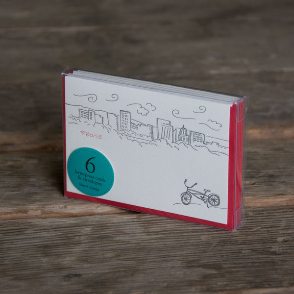 Boise Bike Skyline card, Heart BOISE letterpress printed Greeting card