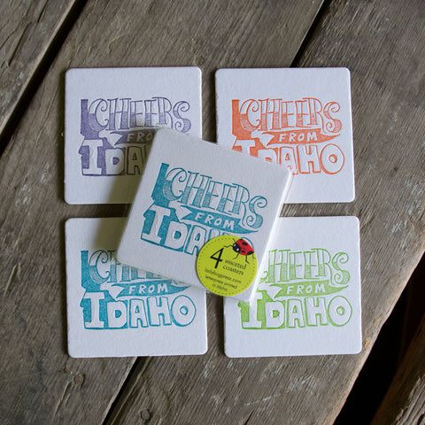 Cheers from Idaho Coasters,  (Letterpress printed, 3.5 inches) set of 4, perfect gift