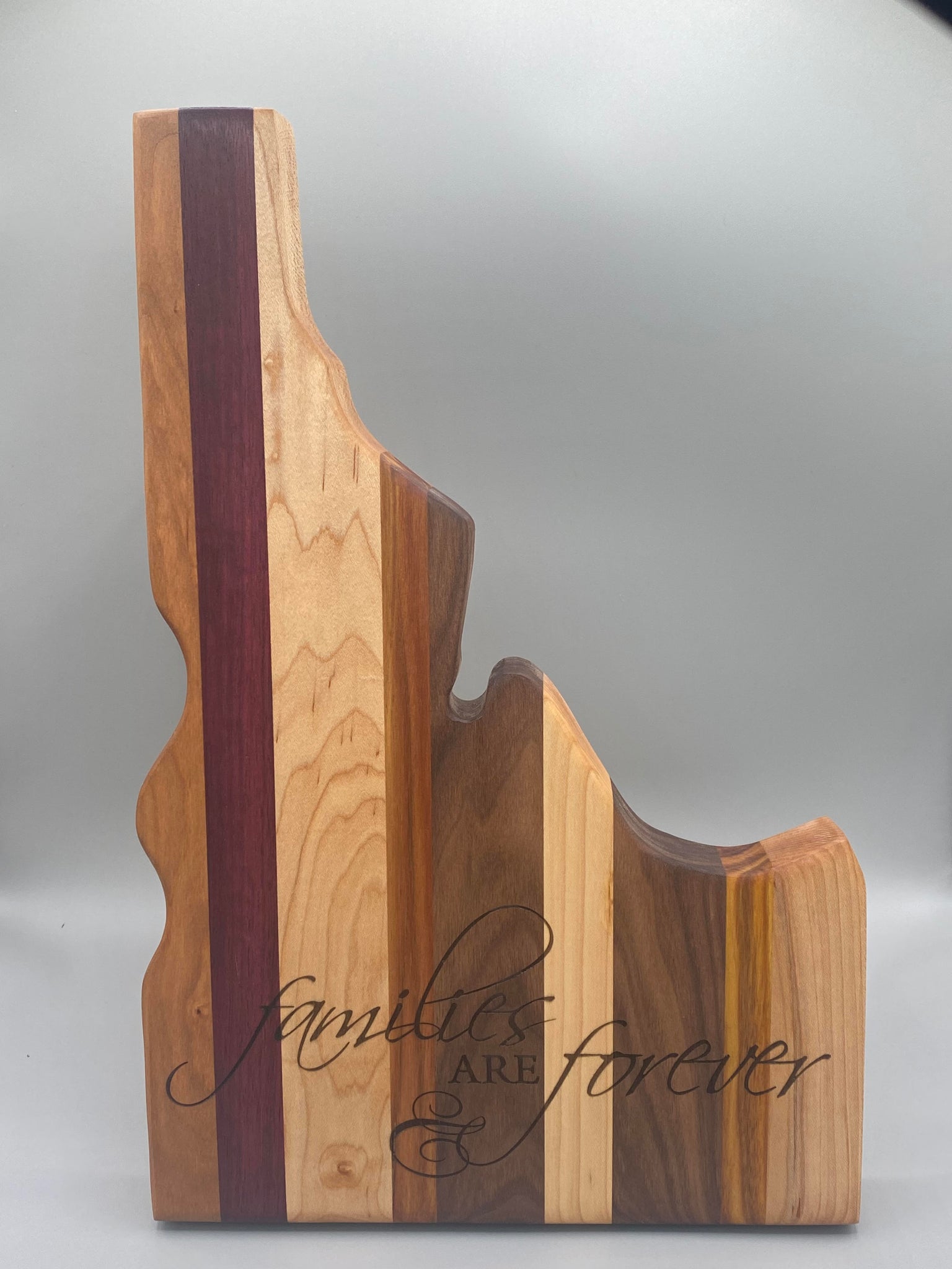 Idaho Shaped - Families are Forever engraved 9" X 15" X 1.25" - Exotic Hardwood Cutting Board