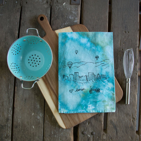 Hand-dyed Boise Balloon Screen Printed Tea Towel, flour sack towel