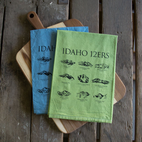 Hand dyed 12ers Idaho Mountains Peaks Screen Printed Tea Towel, flour sack towel