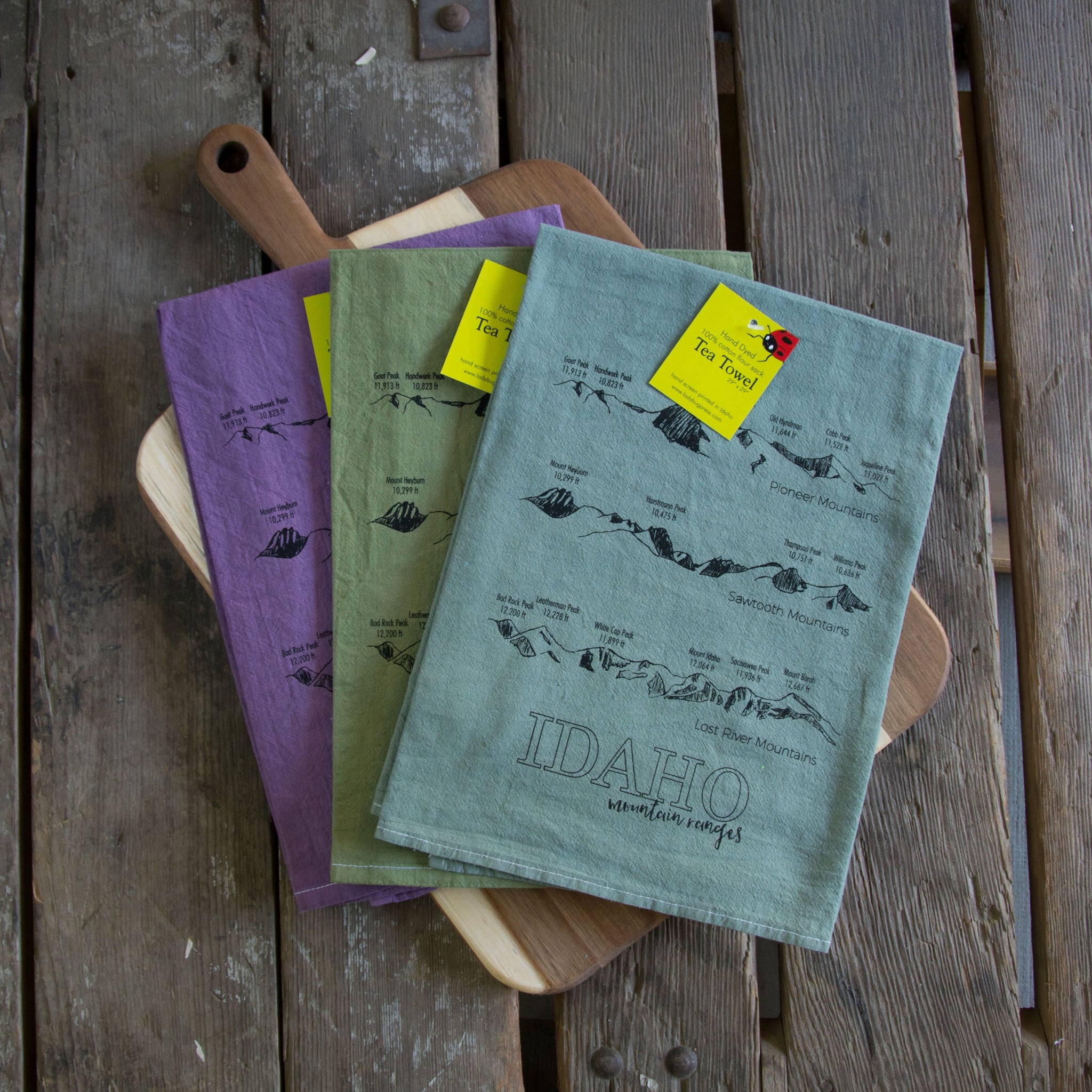Hand dyed Idaho Mountain Ranges Screen Printed Tea Towel, flour sack towel
