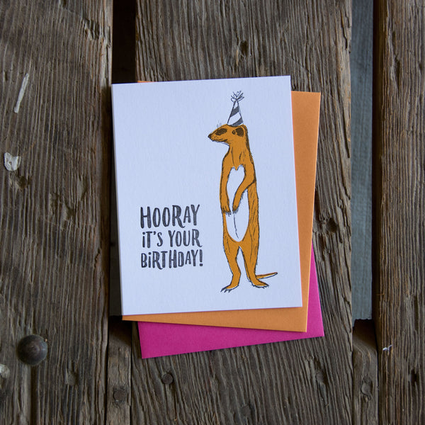 Hooray meerkat, birthday illustration letterpress eco friendly