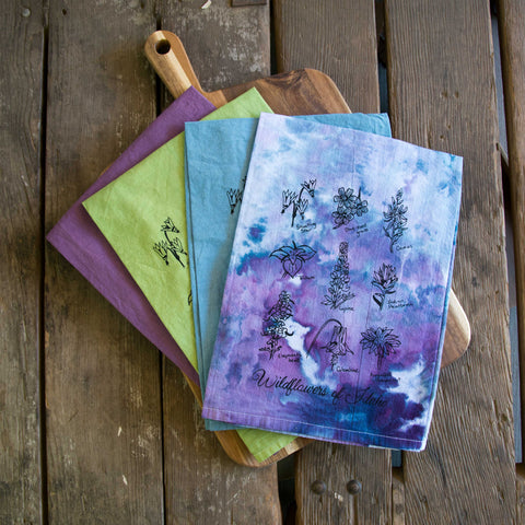 Hand Dyed Wildflowers of Idaho Screen Printed Tea Towel, flour sack dish towel
