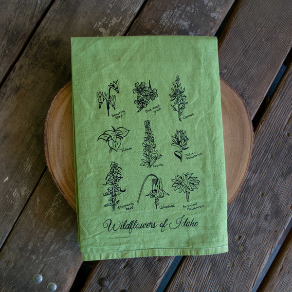 Hand Dyed Wildflowers of Idaho Screen Printed Tea Towel, flour sack dish towel