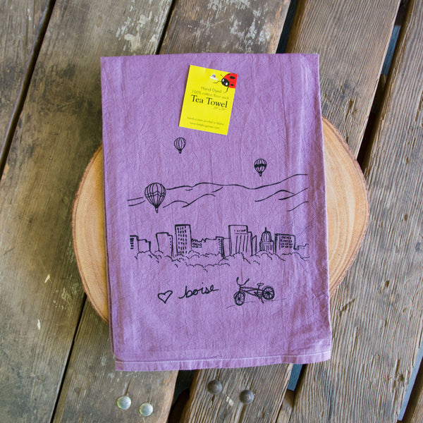 Hand-dyed Boise Balloon Screen Printed Tea Towel, flour sack towel