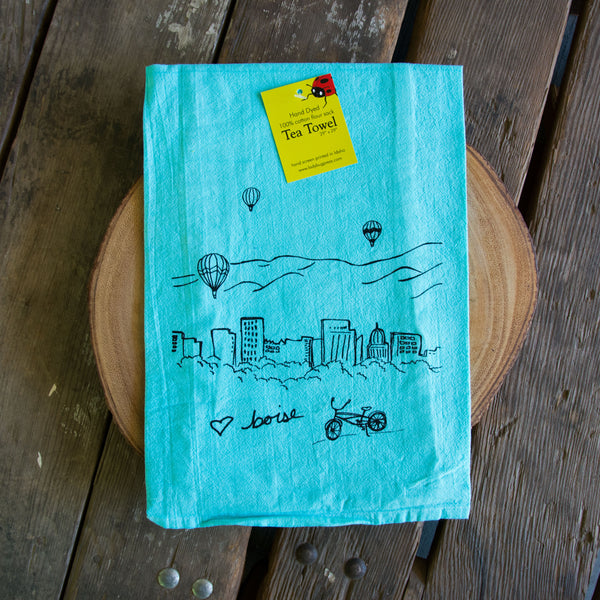 Hand-dyed Boise Balloon Screen Printed Tea Towel, flour sack towel