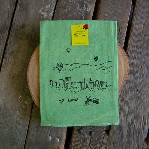 Hand-dyed Boise Balloon Screen Printed Tea Towel, flour sack towel