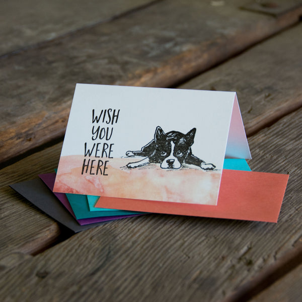 Wish you were here boston terrier, letterpress printed card. Eco friendly