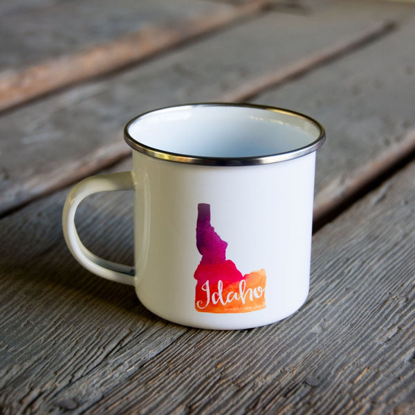 Idaho Watercolor Enamel Mug, water color and typography