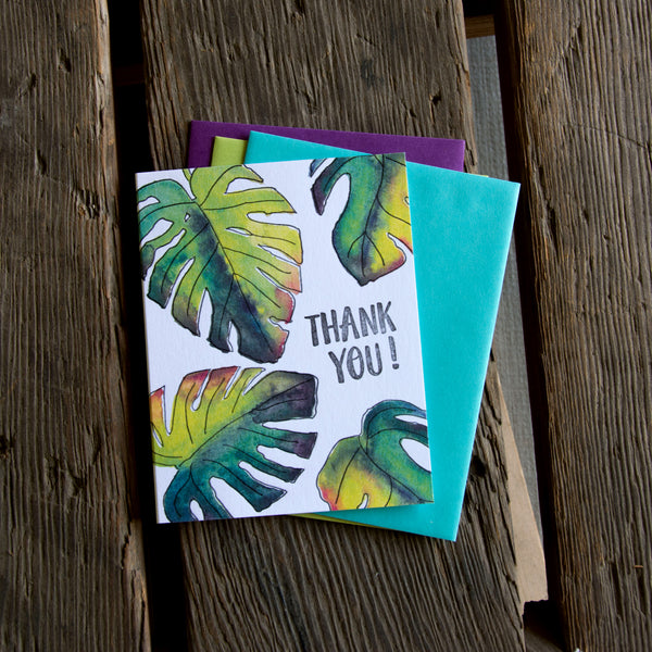 Monstera Leaf Thank You Greeting Card, Letterpress Printed